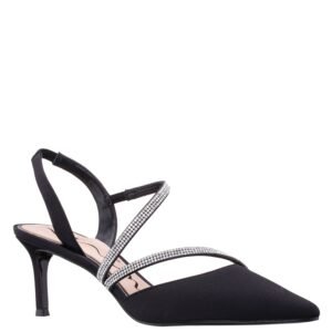 Nina Shoes Nela Black Satin Sling Back Crystal Mid-Heel Pumps