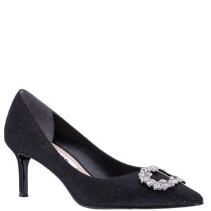 Nina Shoes Neya Black Textured Metallic Jeweled Mid-Heel Classic Dress Pump