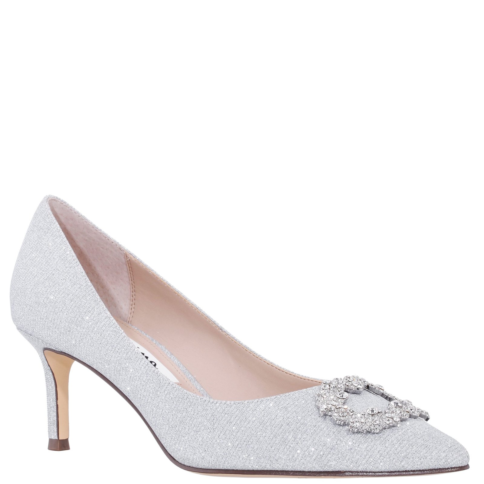 Nina Shoes Neya True Silver Textured Metallic Jeweled Mid-Heel Classic Dress Pump
