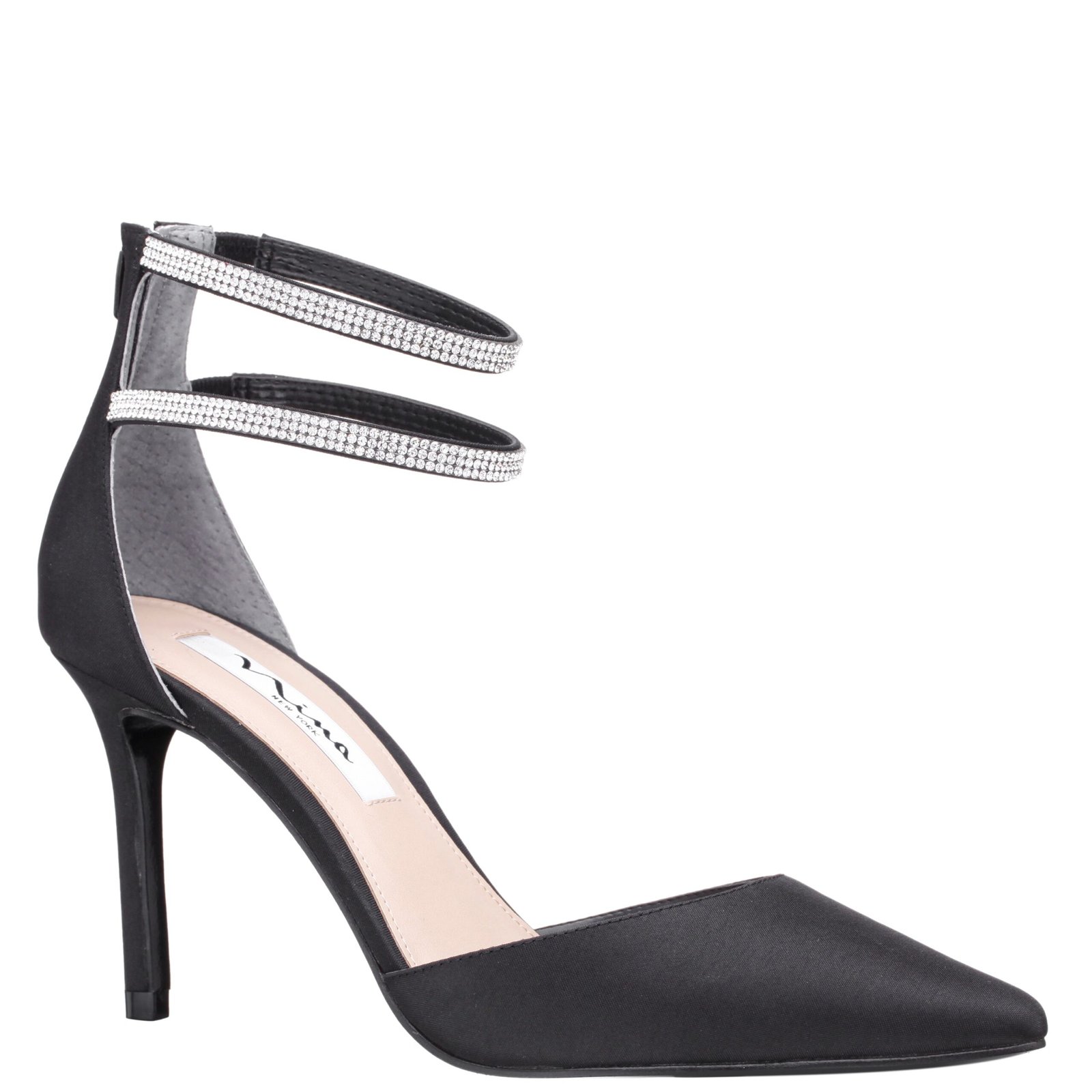 Nina Shoes Nikia Black Satin Crystal Ankle-Strap Pointy-Toe High-Heel Dressy Pump