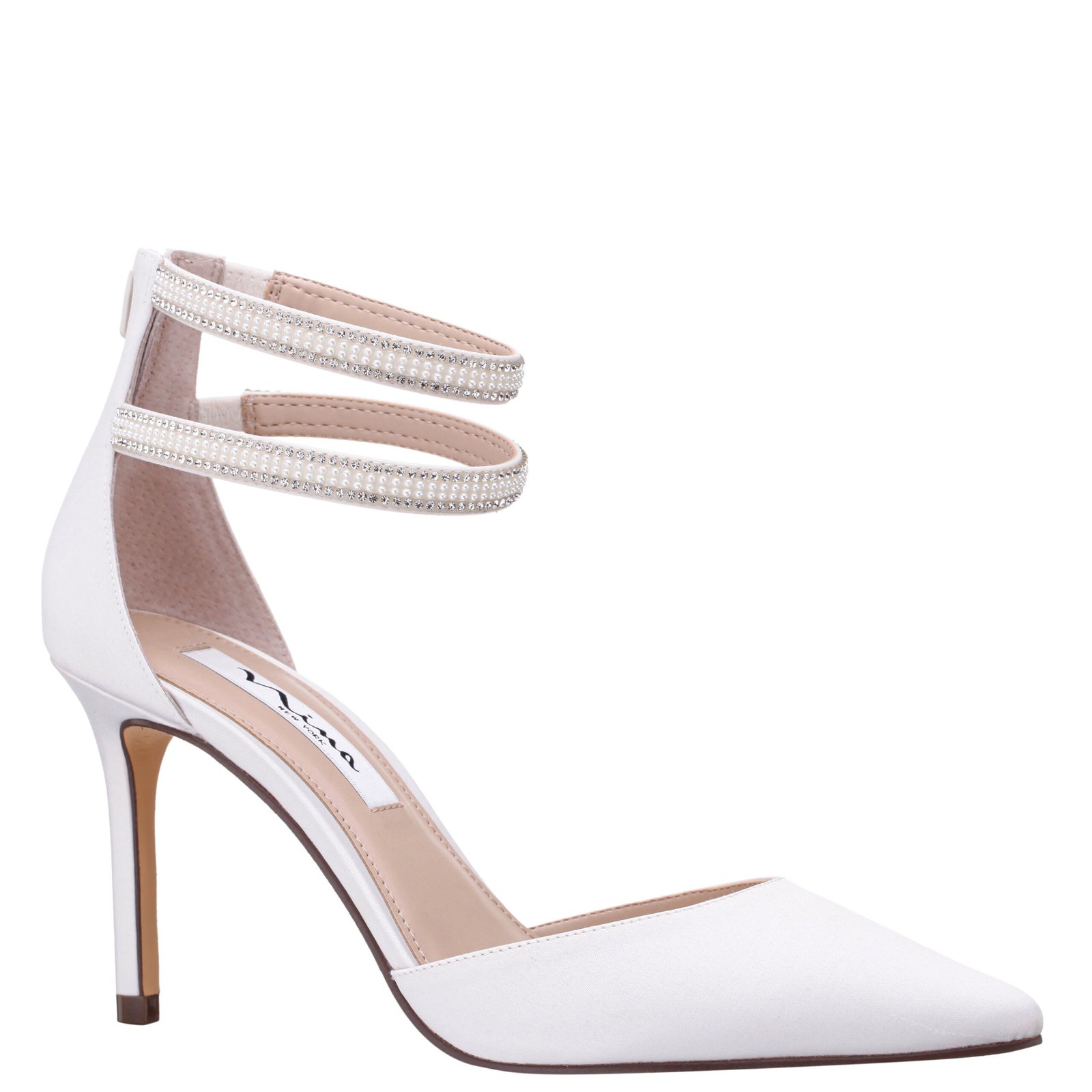 Nina Shoes Nikia Ivory Satin Crystal Ankle-Strap Pointy-Toe High-Heel Dressy Pump
