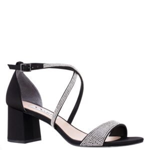 Nina Shoes Nikolet Black Satin Crystal Block Mid-Heel Dressy Sandal