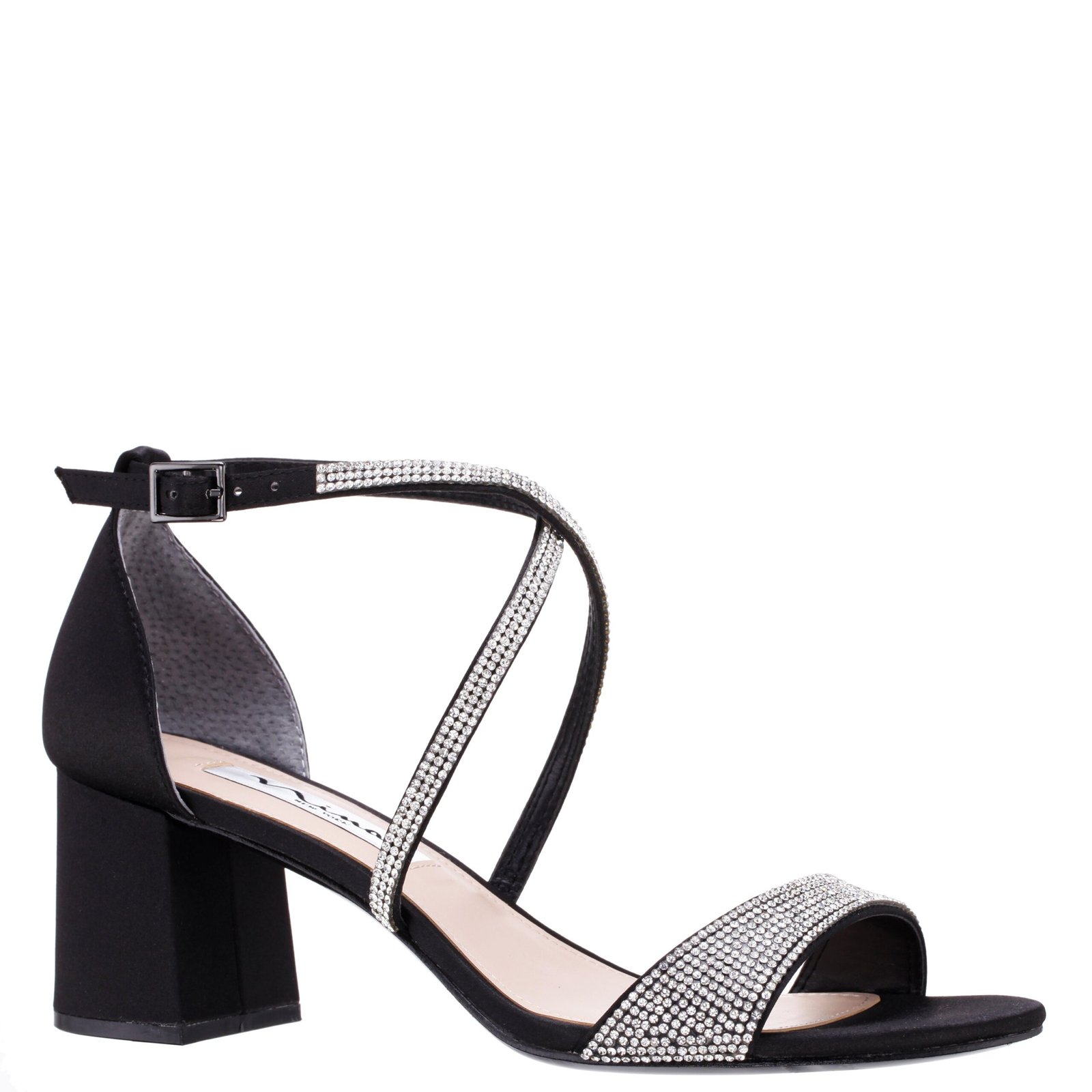 Nina Shoes Nikolet Black Satin Crystal Block Mid-Heel Dressy Sandal