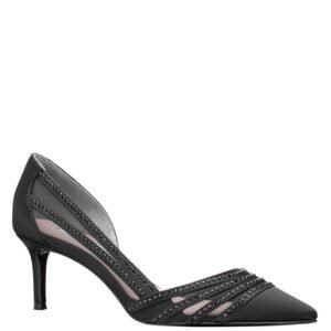 Nina Shoes Noreen Black Satin Crystal Pointy-Toe Mid-Heel D'orsay Pump