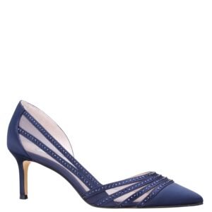 Nina Shoes Noreen New Navy Satin Crystal Pointy-Toe Mid-Heel D'orsay Pump