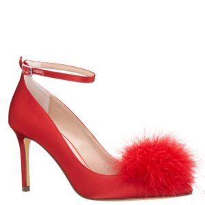 Nina Shoes Nyra Red Rouge Satin Feather Pouf High-Heel Pointy-Toe Pump