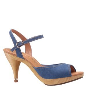 Nina Shoes Rock Dark Denim Instep Strap Sandal On A Wooden Bottom