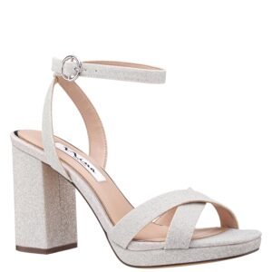 Nina Shoes Shelia Silver Glitter Cross Strap Block High Heel Platform
