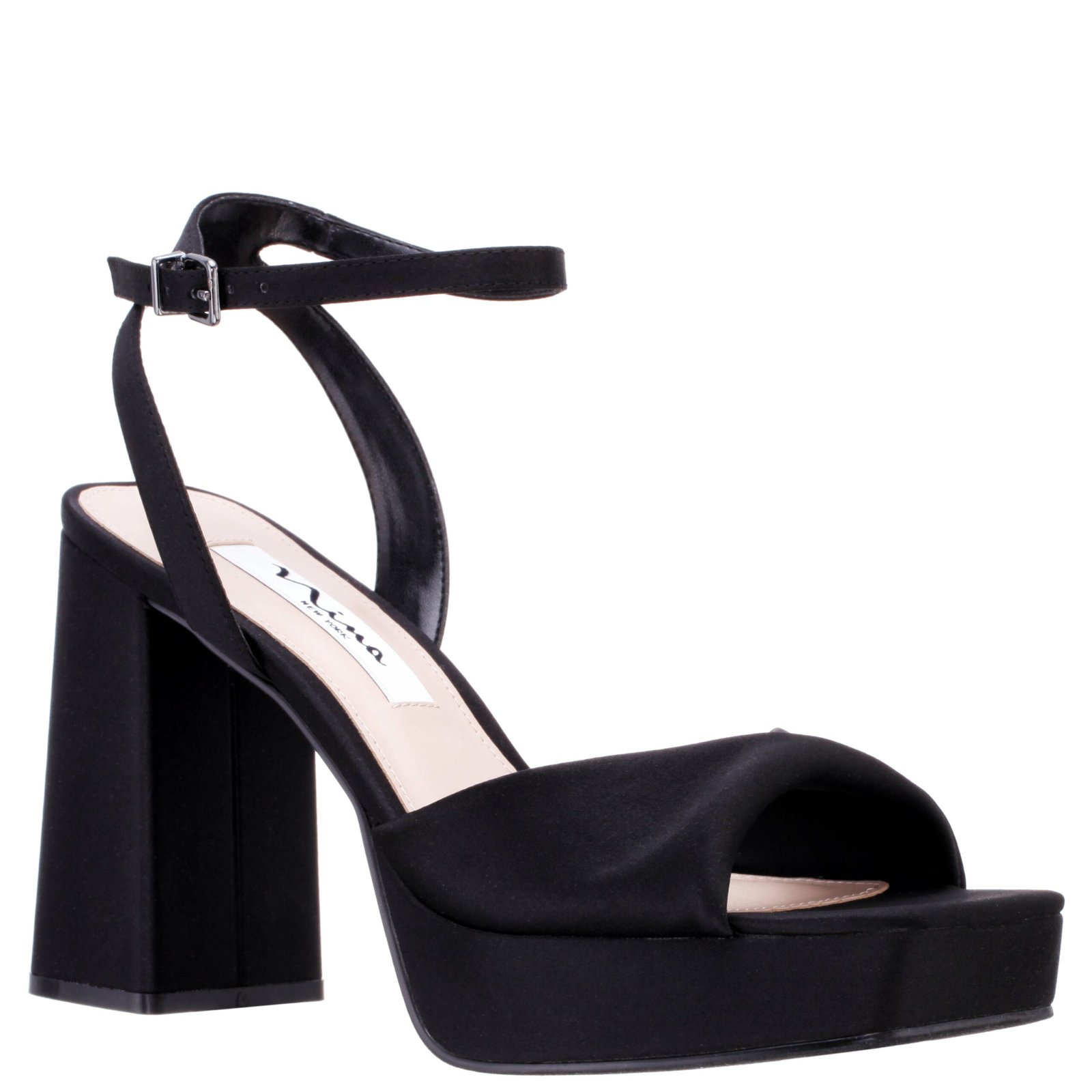 Nina Shoes Stacie Black Satin Block High-Heel Platform Sandal