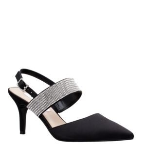 Nina Shoes Tenille Black Satin Crystal Pointed-Toe Mid-Heel Dress Pump
