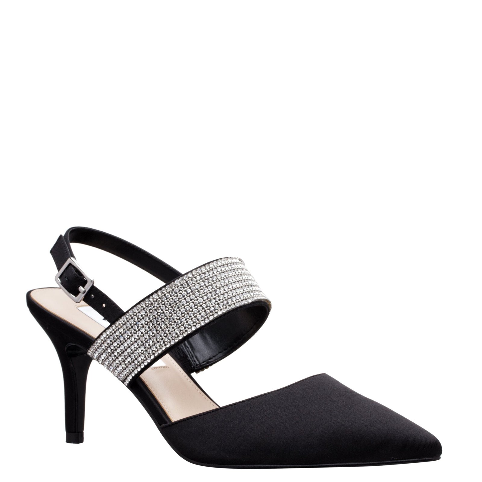Nina Shoes Tenille Black Satin Crystal Pointed-Toe Mid-Heel Dress Pump