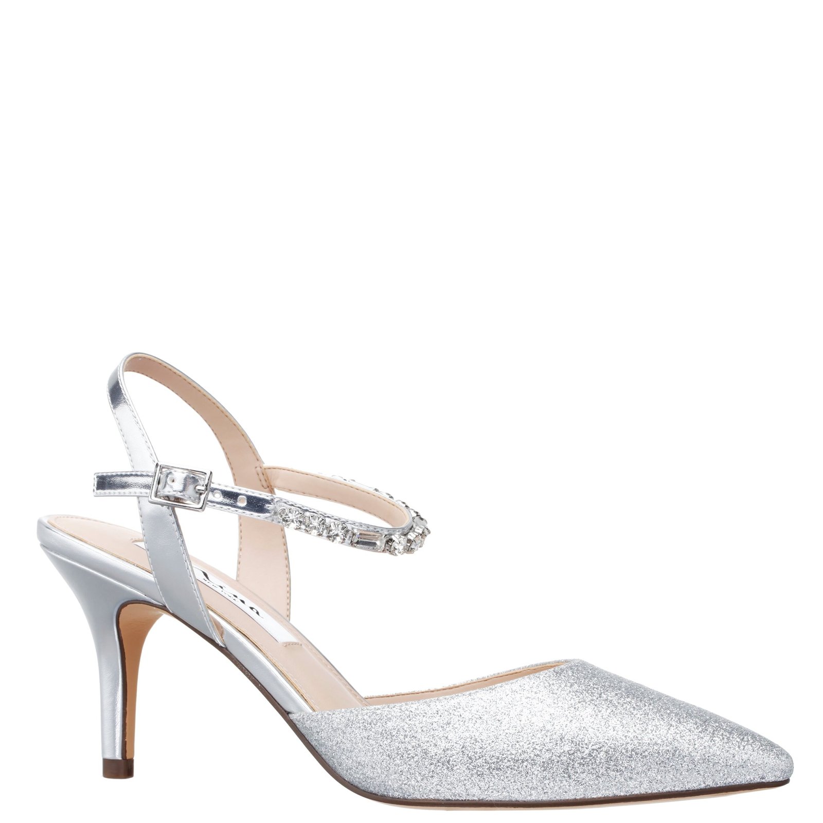 Nina Shoes Tucker Silver Glitter Crystal Pointy-Toe Mid-Heel Dress Pump