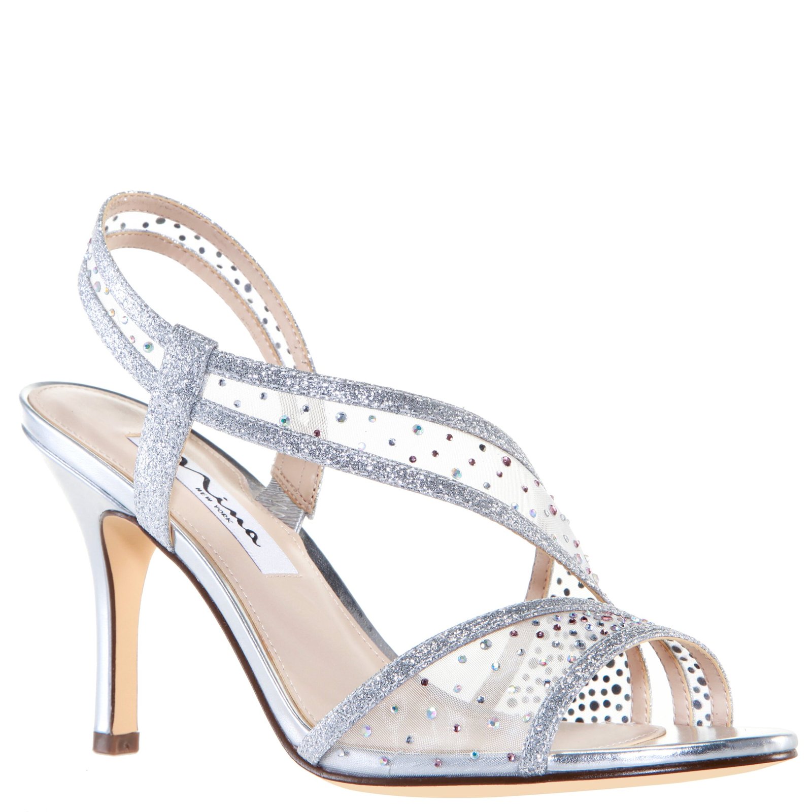 Nina Shoes Valeda Iridescent Silverglitter Slingback Mid-Heel Dress Sandal