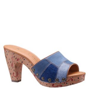 Nina Shoes Village Dark Blue Denim Patchwork Slide On A Printed Platform Bottom