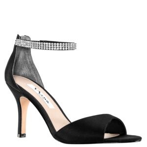 Nina Shoes Volanda Black Satin Crystal Ankle-Strap High-Heel Dressy Sandal