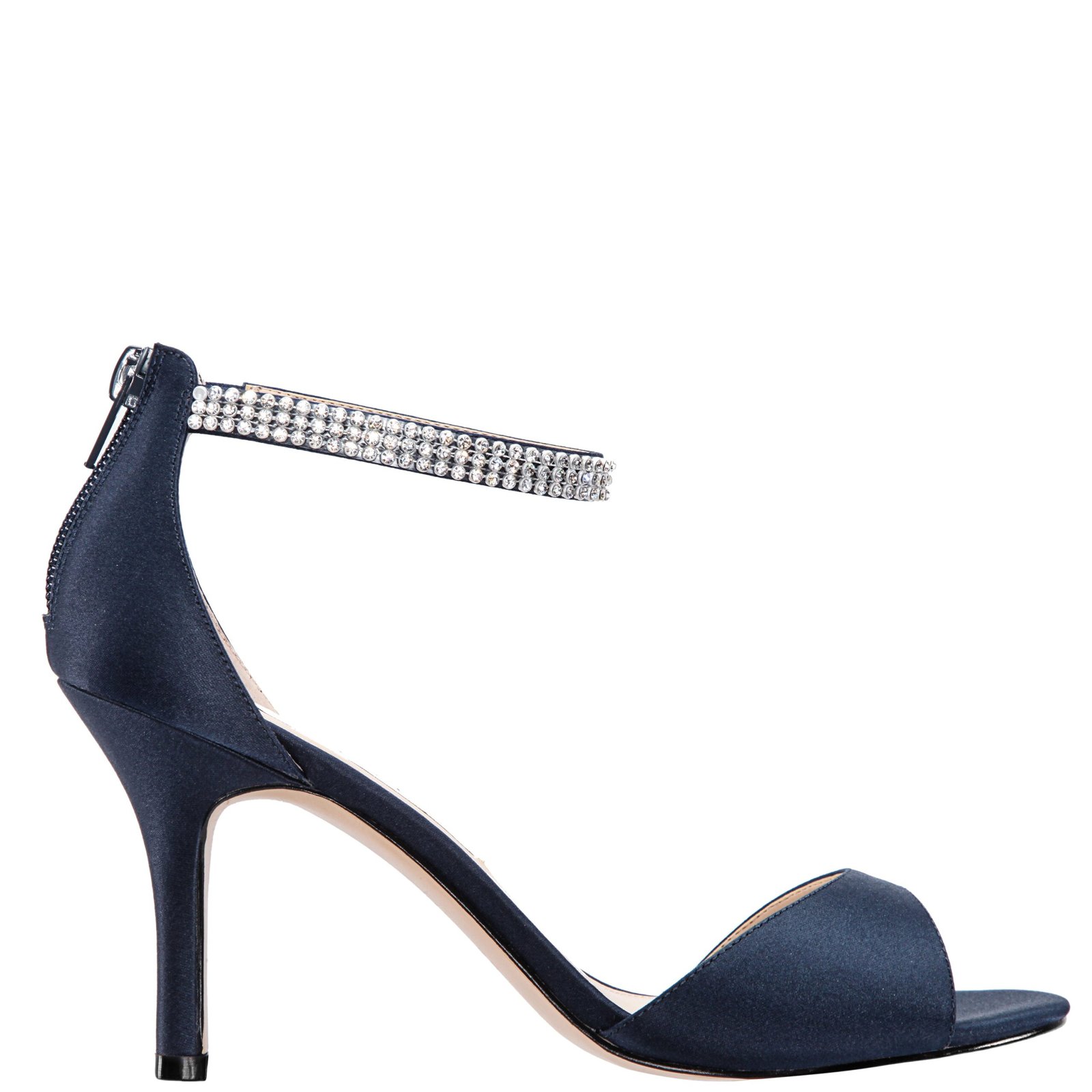 Nina Shoes Volanda New Navy Satin Crystal Ankle-Strap High-Heel Dressy Sandal
