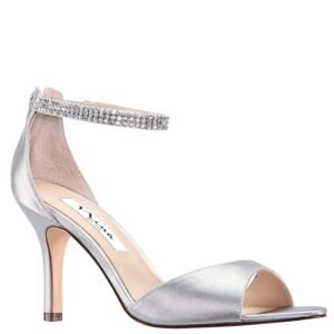 Nina Shoes Volanda New Silver Satin Crystal Ankle-Strap High-Heel Dressy Sandal